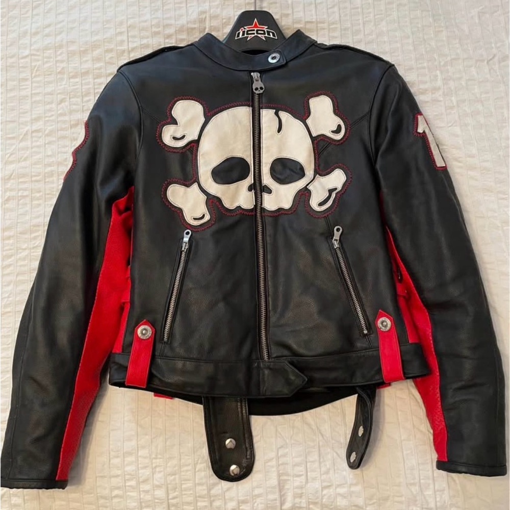 ICON Hella Black and Red leather motorcycle Jacket